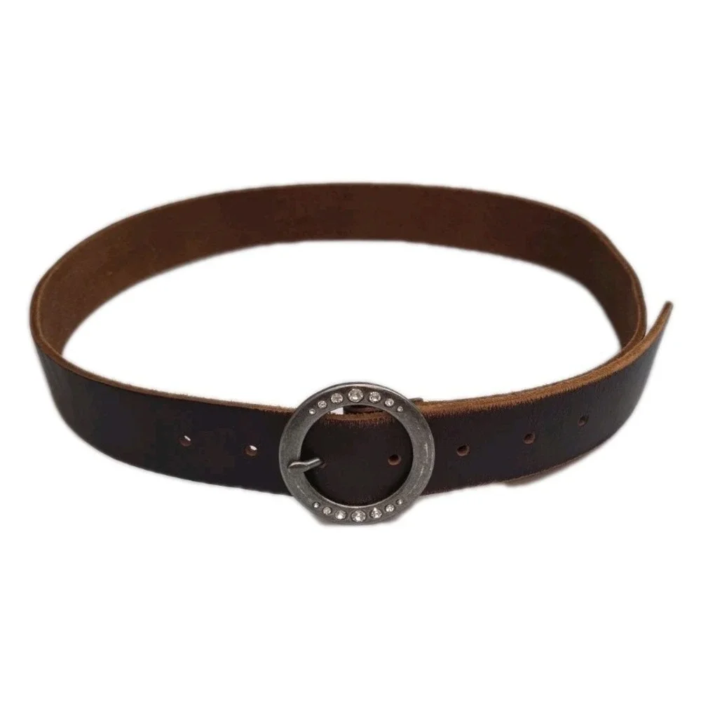 Rhinestones Y2K Belt Medium Leather Women's Genuine American Eagle Brown Silver